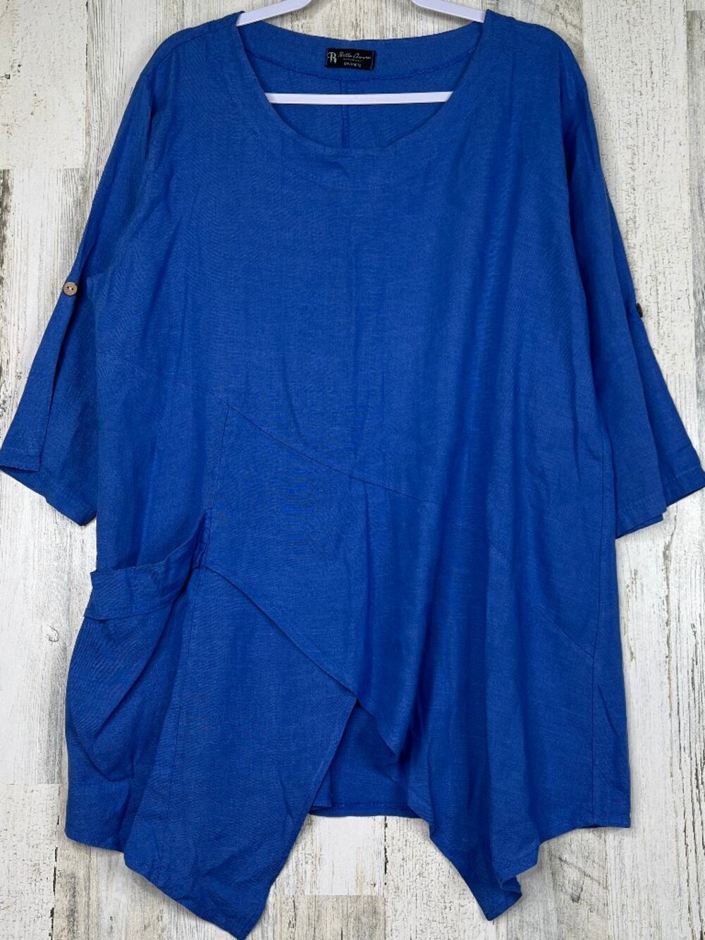 Bella Amore Italian Linen Blue Button Front Top L XL Boho Blouse
